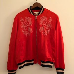 RED SATIN EMBROIDERED BOMBER JACKET